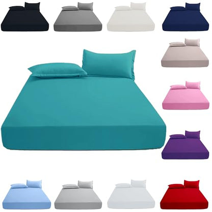 KHIM 100% Cotton 25CM/10inch Deep Fitted Sheet Single, Double, King & Super King Bed Sheets with Pillowcase Pair Available in 5 different colors